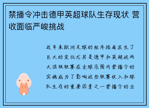 禁播令冲击德甲英超球队生存现状 营收面临严峻挑战