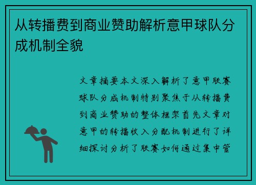 从转播费到商业赞助解析意甲球队分成机制全貌