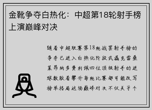 金靴争夺白热化：中超第18轮射手榜上演巅峰对决